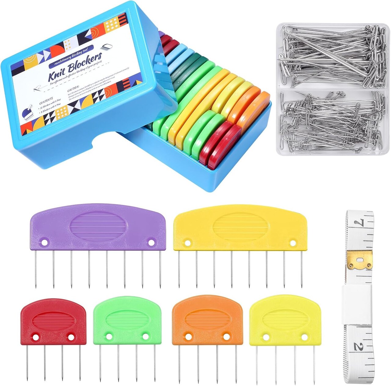 130PCS Rainbow Knit Blocking Combs & Pins Set – Knitting & Crochet Blocking Tools with 8-Pin & 4-Pin Combs, T-Pins & Measuring Tape for Blocking Mats, Sewing & Craft Projects